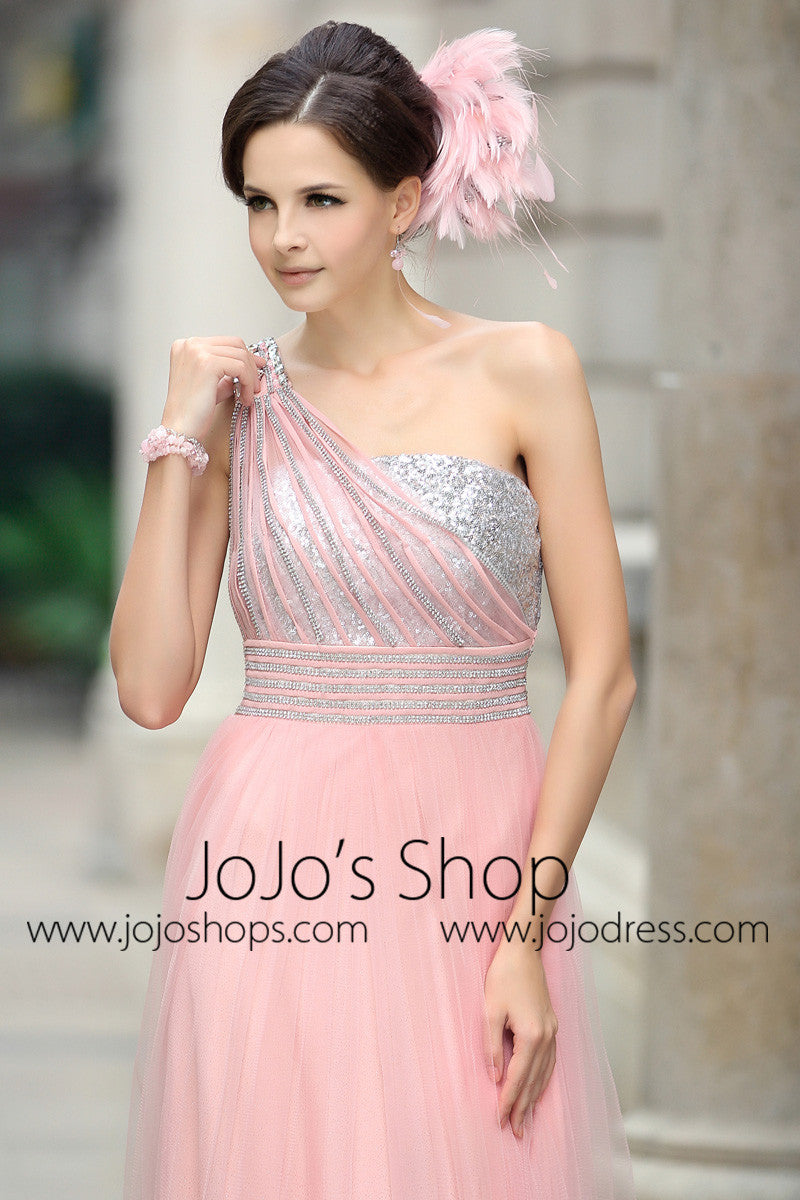 Pink Grecian Formal Prom Beauty Pageant Dress in Sparkly Tulle