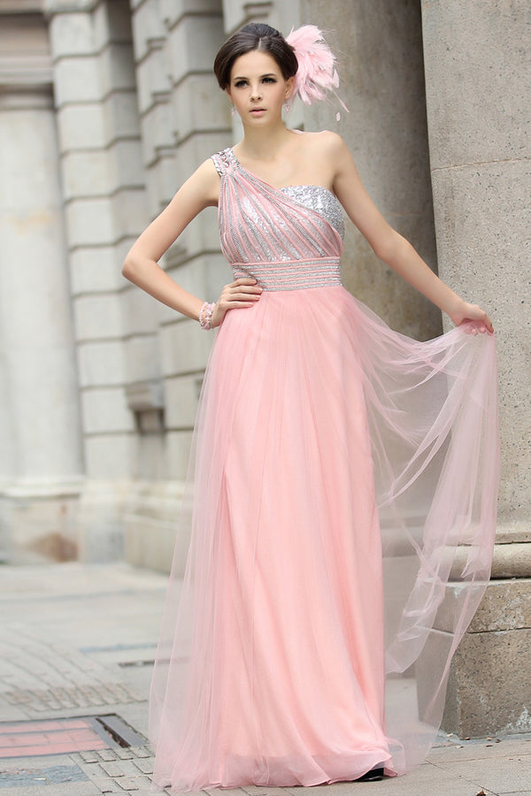 Pink Grecian Formal Prom Beauty Pageant Dress in Sparkly Tulle