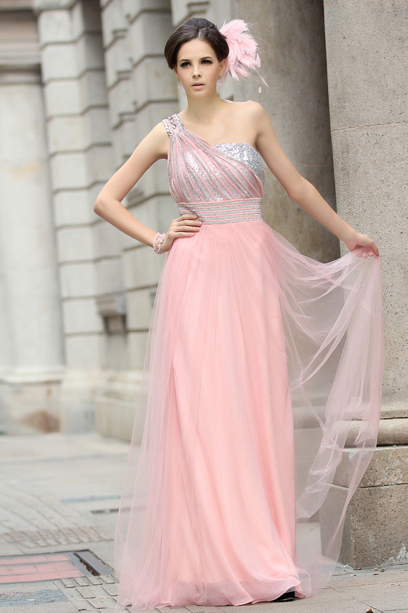 Pink Grecian Formal Prom Beauty Pageant Dress in Sparkly Tulle