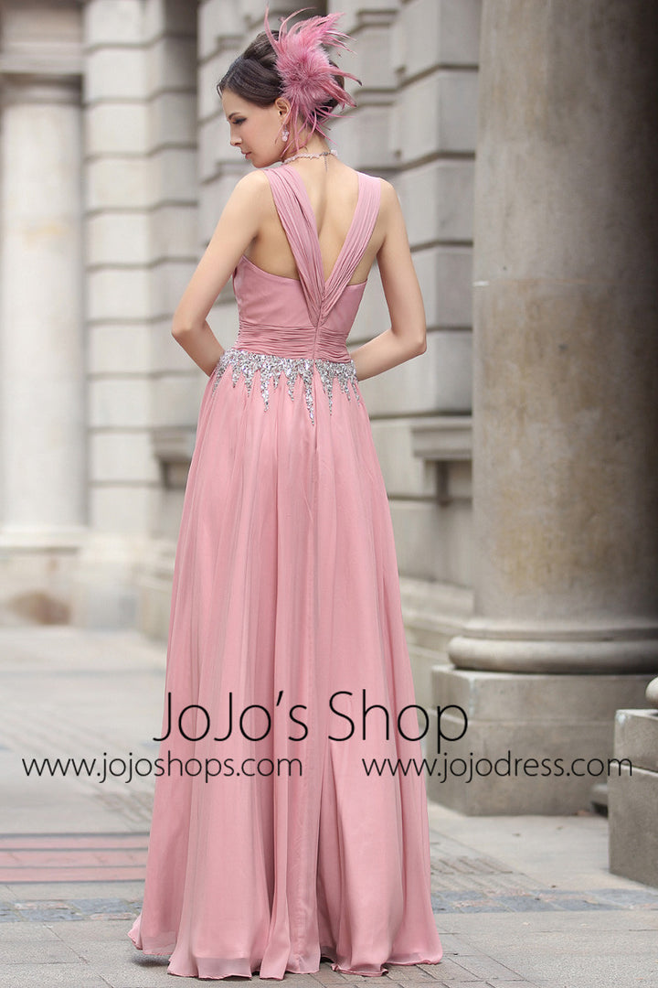 Pink V Neck Grecian Formal Prom Evening Dress