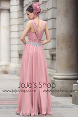 Pink V Neck Grecian Formal Prom Evening Dress