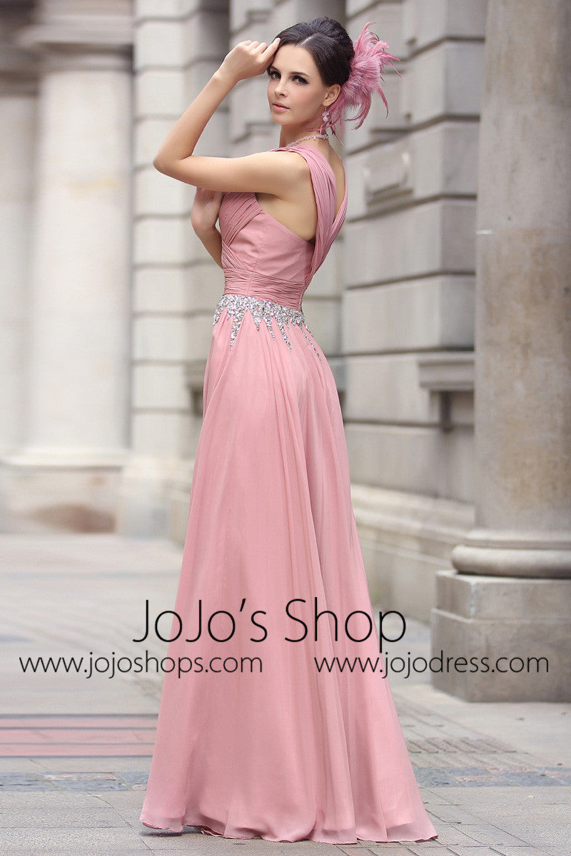 Pink V Neck Grecian Formal Prom Evening Dress