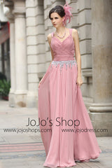 Pink V Neck Grecian Formal Prom Evening Dress