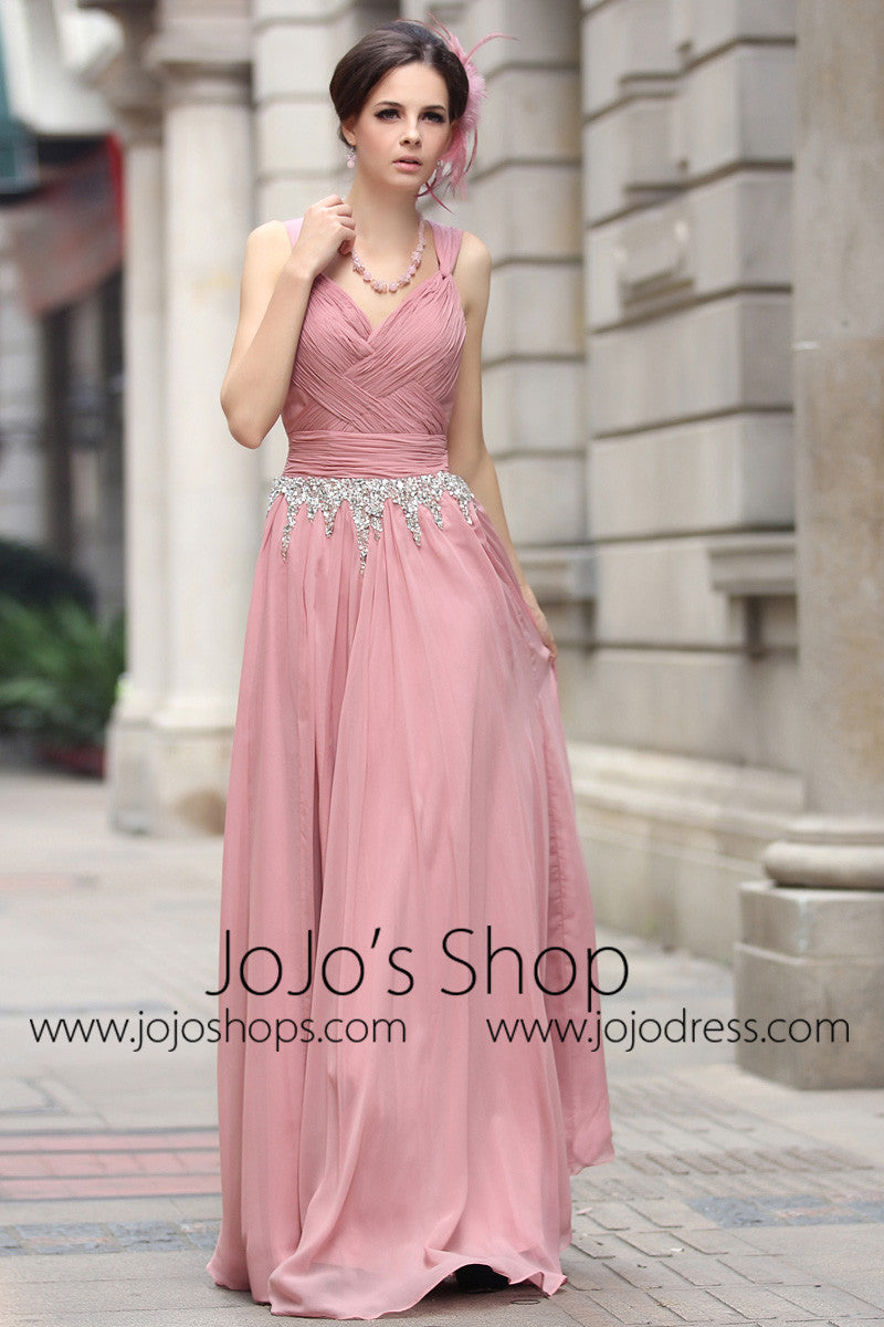 Pink V Neck Grecian Formal Prom Evening Dress