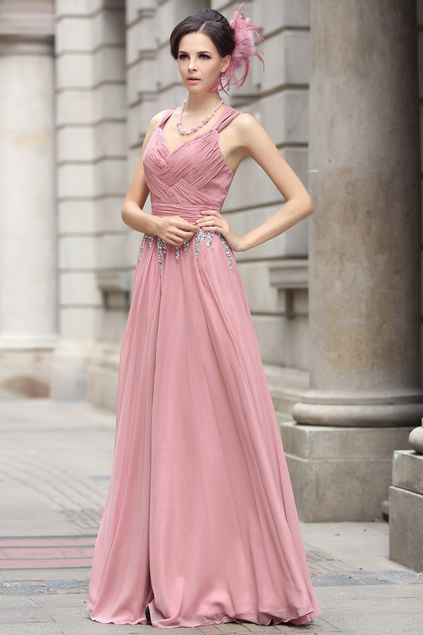 Pink V Neck Grecian Formal Prom Evening Dress