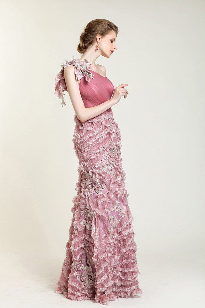Pink One Shoulder Formal Prom Evening Dress with Ruffles