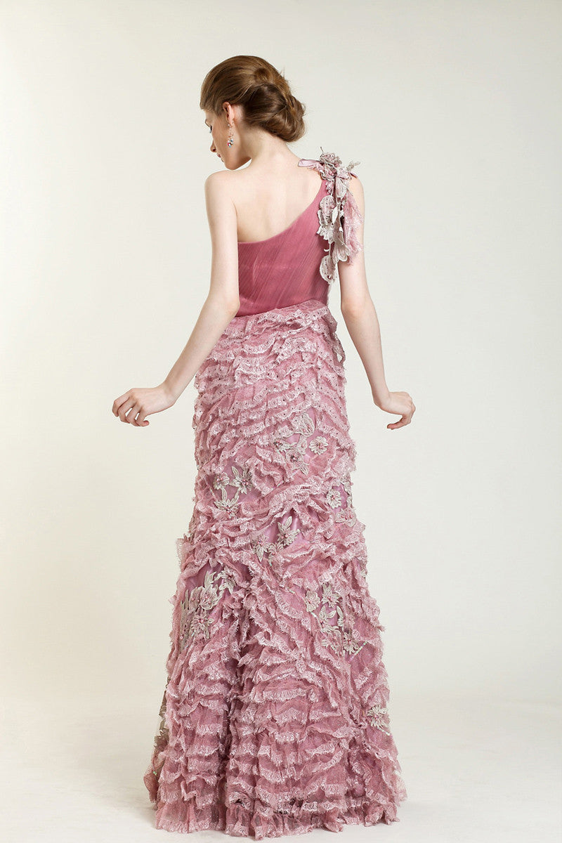 Pink One Shoulder Formal Prom Evening Dress with Ruffles