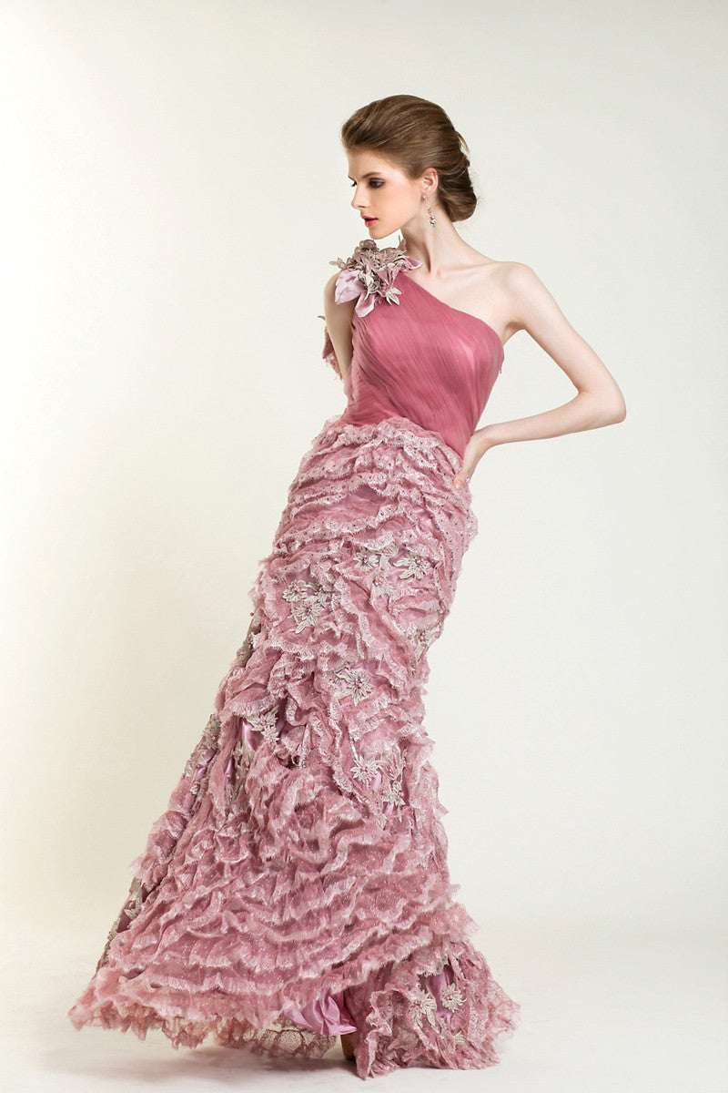 Pink One Shoulder Formal Prom Evening Dress with Ruffles