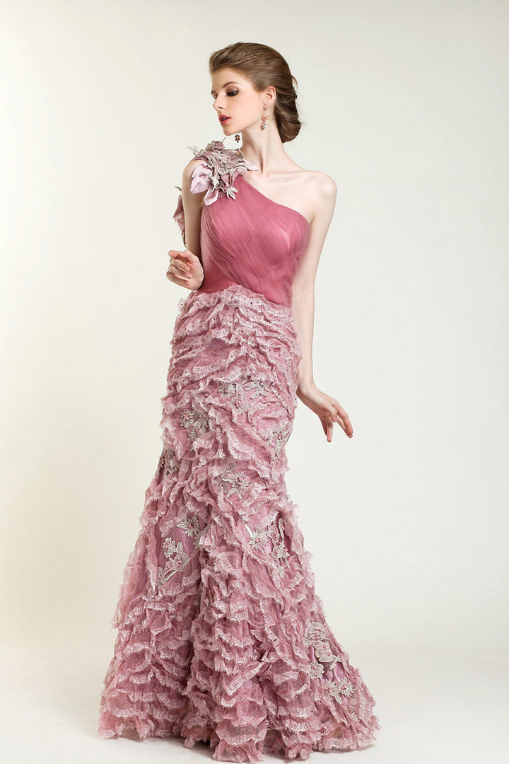 Pink One Shoulder Formal Prom Evening Dress with Ruffles