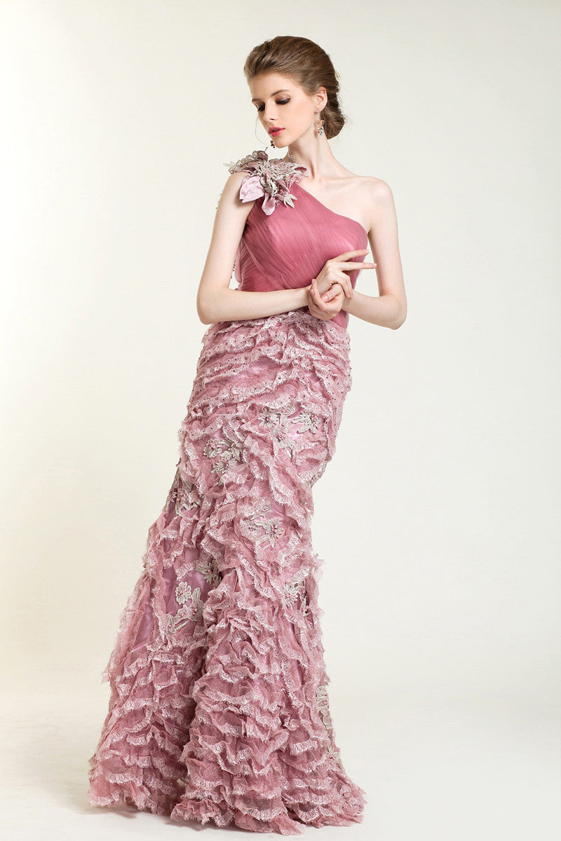 Pink One Shoulder Formal Prom Evening Dress with Ruffles
