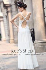 White Grecian V Neck Goddess Formal Evening Dress