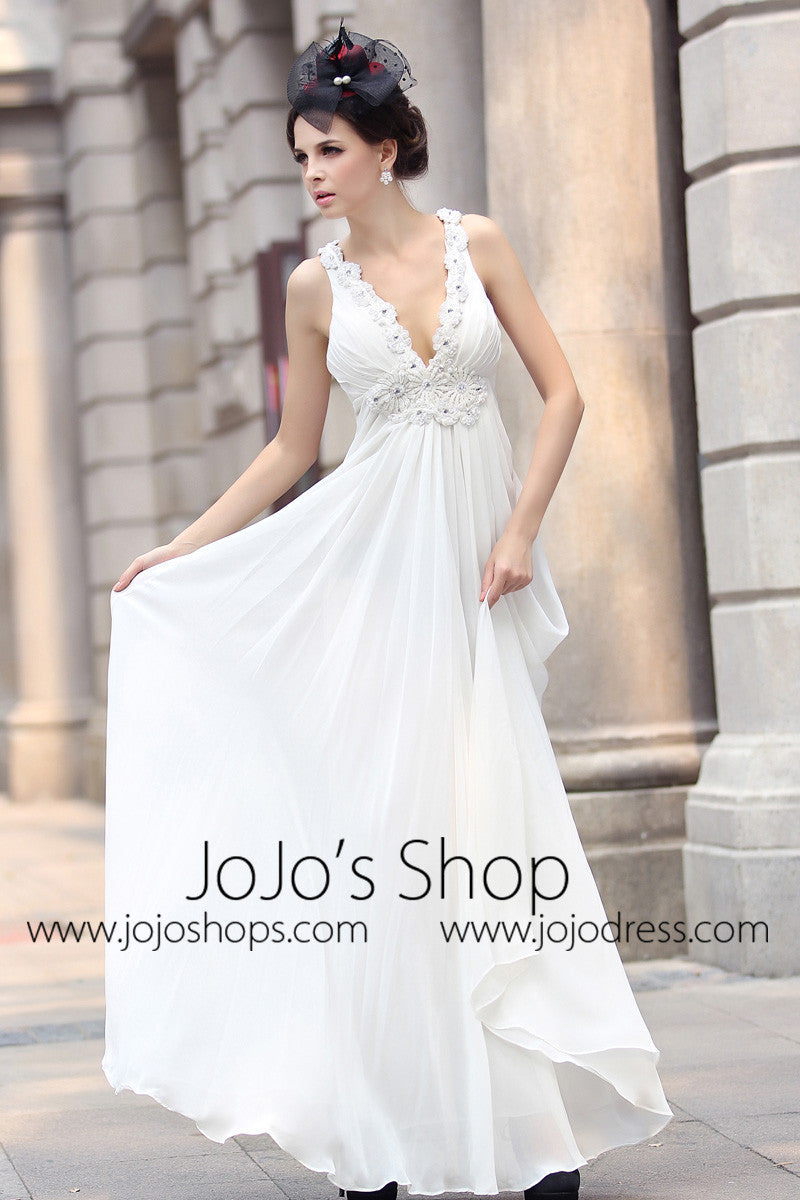 White Grecian V Neck Goddess Formal Evening Dress Large / White White Grecian V Neck Goddess Formal Evening Dress Large / White
