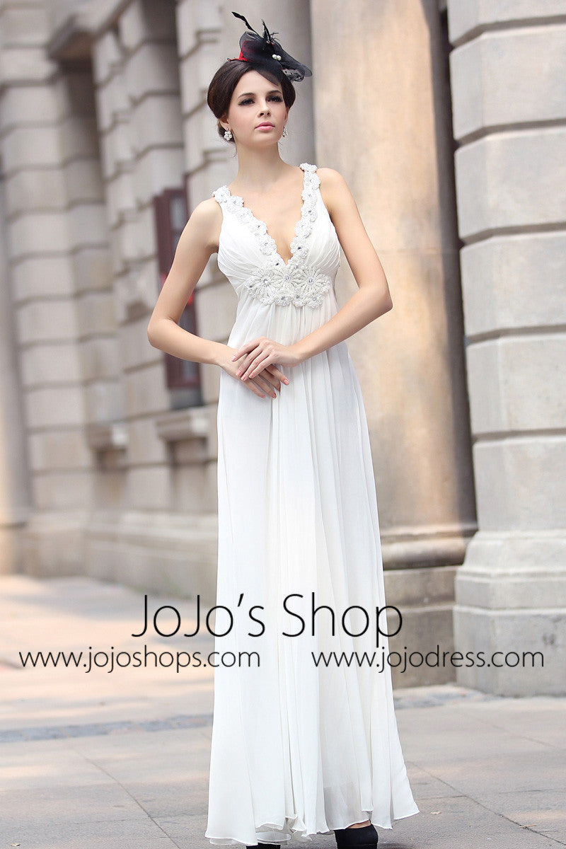 White Grecian V Neck Goddess Formal Evening Dress