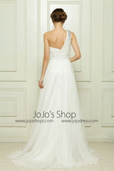 Ivory Grecian Goddess Formal Prom Beauty Pageant Dress with Side Slit