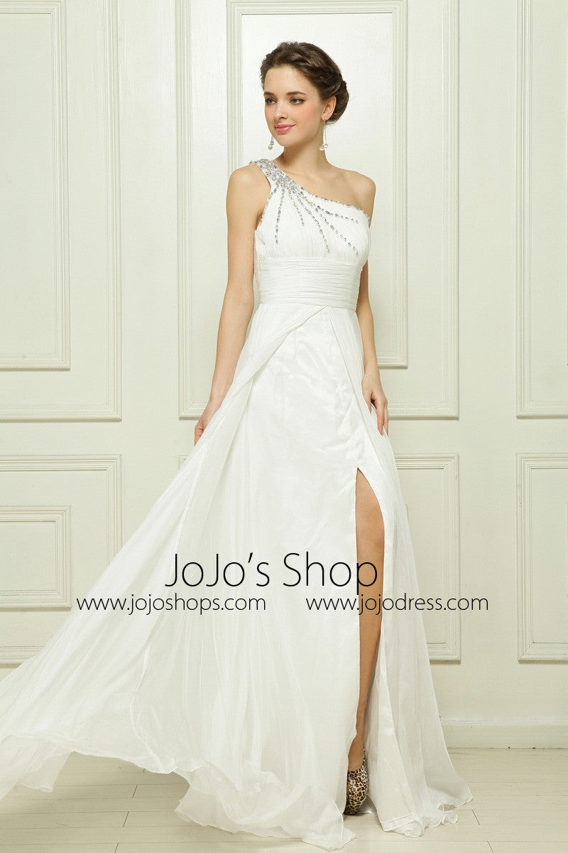 Ivory Grecian Goddess Formal Prom Beauty Pageant Dress with Side Slit