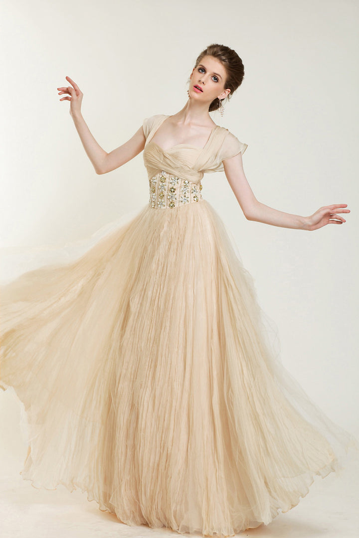 Retro Vintage Style Champagne Cap Sleeves Formal Pageant Evening Dress