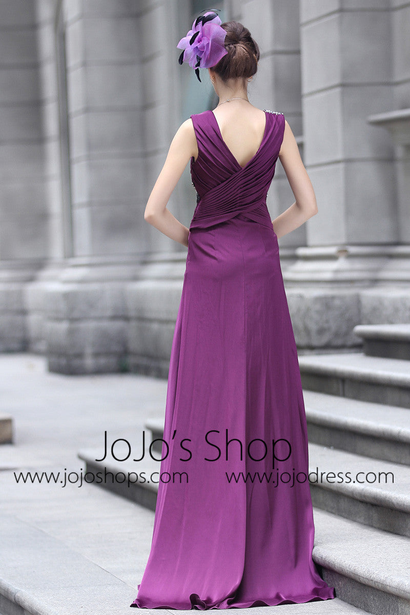 Purple V Neck Grecian Prom Evening Dress