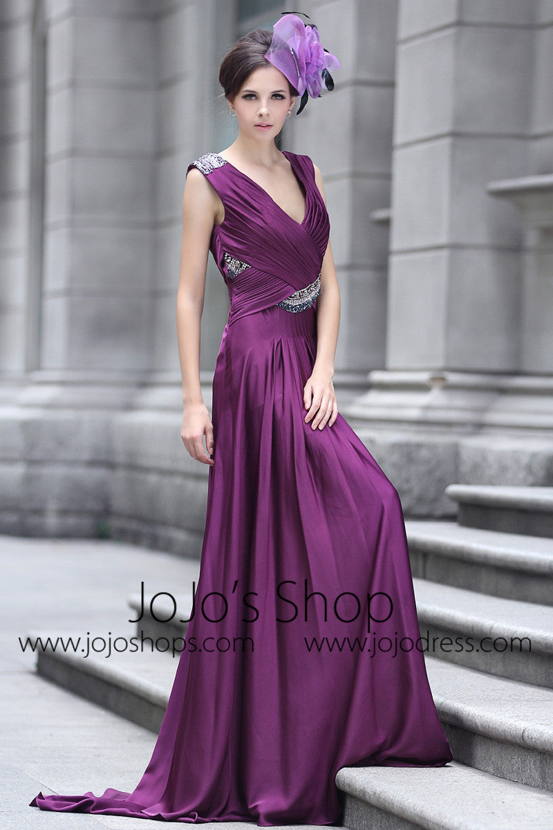 Purple V Neck Grecian Prom Evening Dress