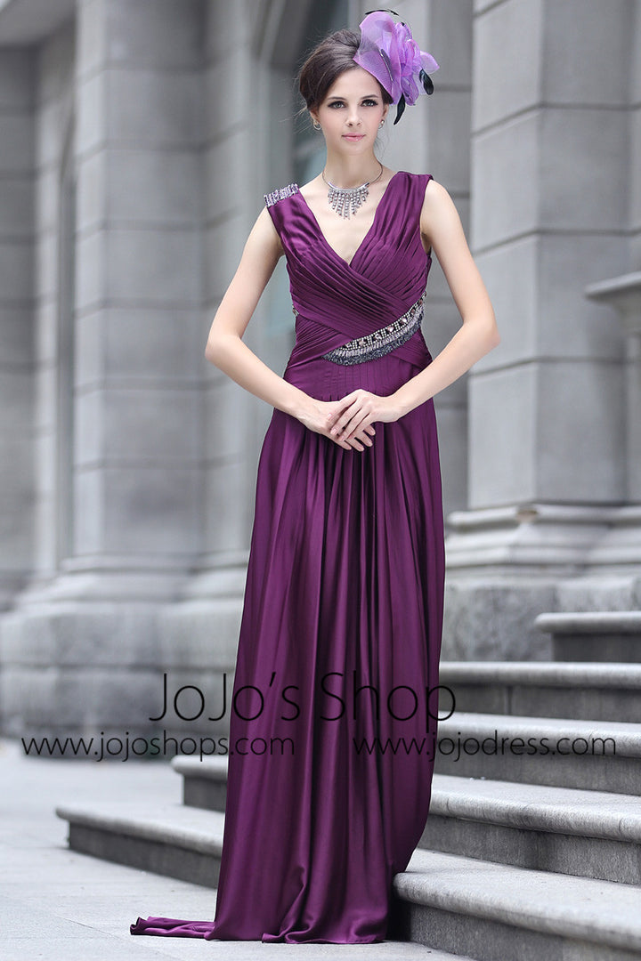 Purple V Neck Grecian Prom Evening Dress