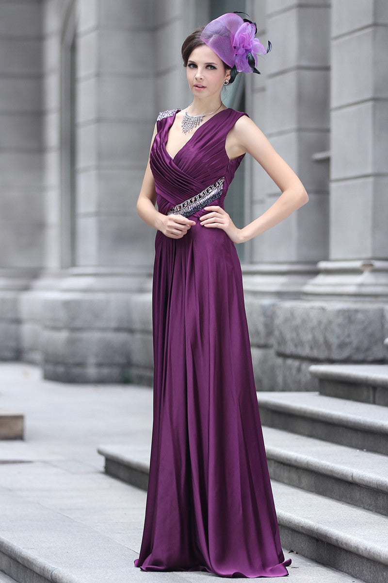 Purple V Neck Grecian Prom Evening Dress