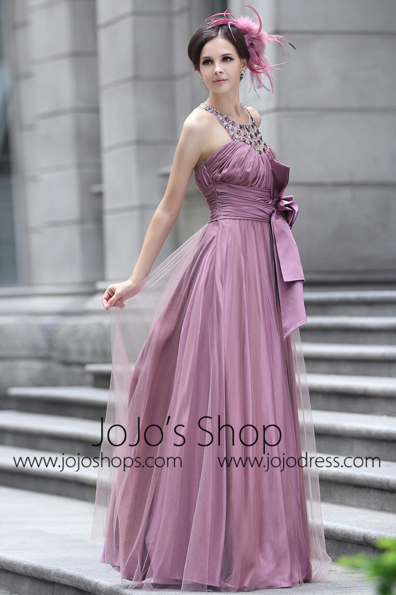 Purple Grecian Prom Formal Evening Dress with Sparkly Jewel Neckline