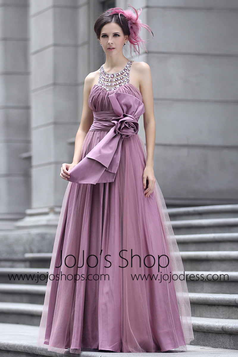 Purple Grecian Prom Formal Evening Dress with Sparkly Jewel Neckline