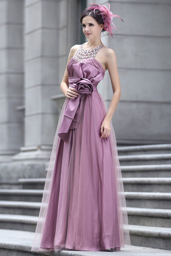 Purple Grecian Prom Formal Evening Dress with Sparkly Jewel Neckline