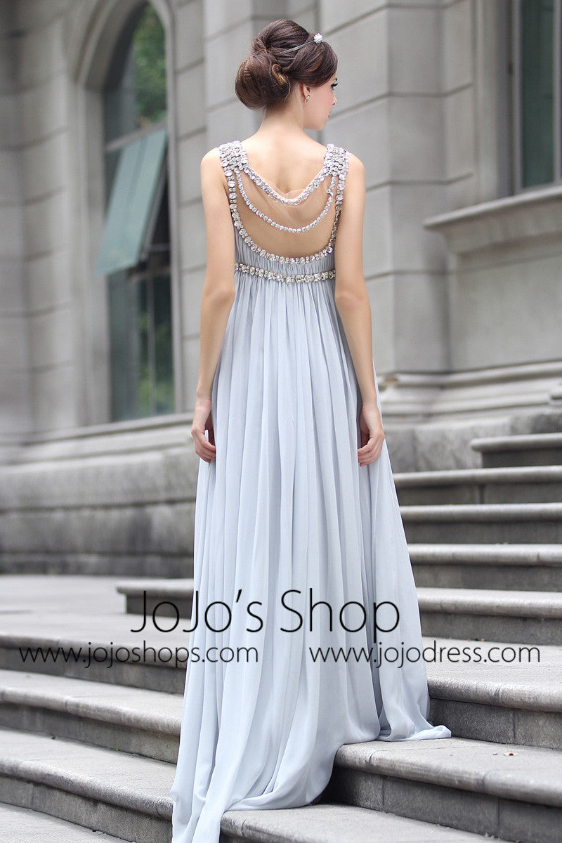 Grecian Goddess Empire Waist Gray Formal Prom Evening Dress