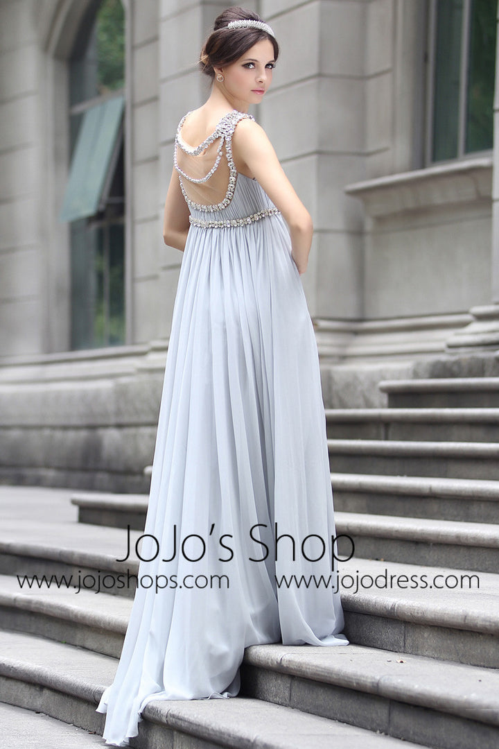 Grecian Goddess Empire Waist Gray Formal Prom Evening Dress
