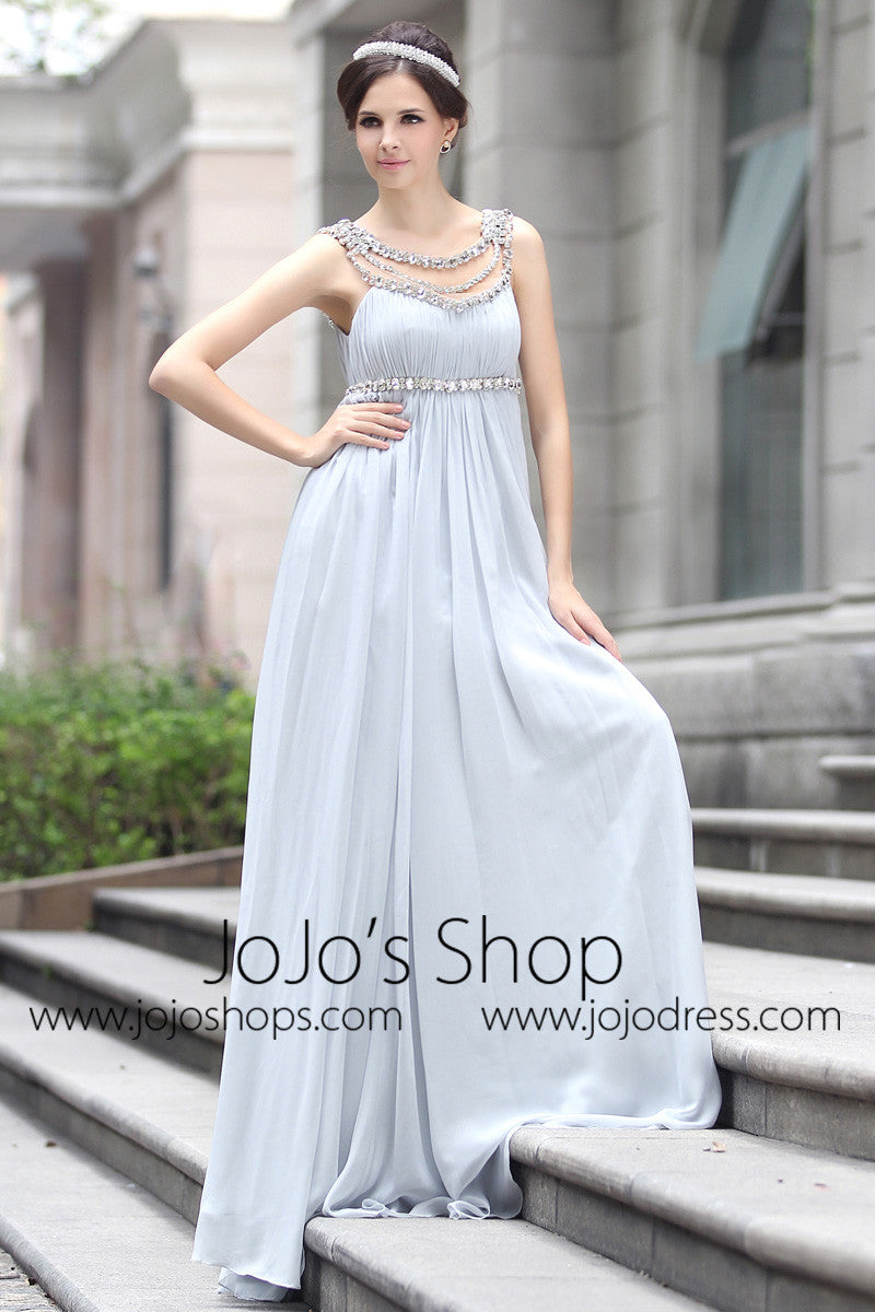 Grecian Goddess Empire Waist Gray Formal Prom Evening Dress