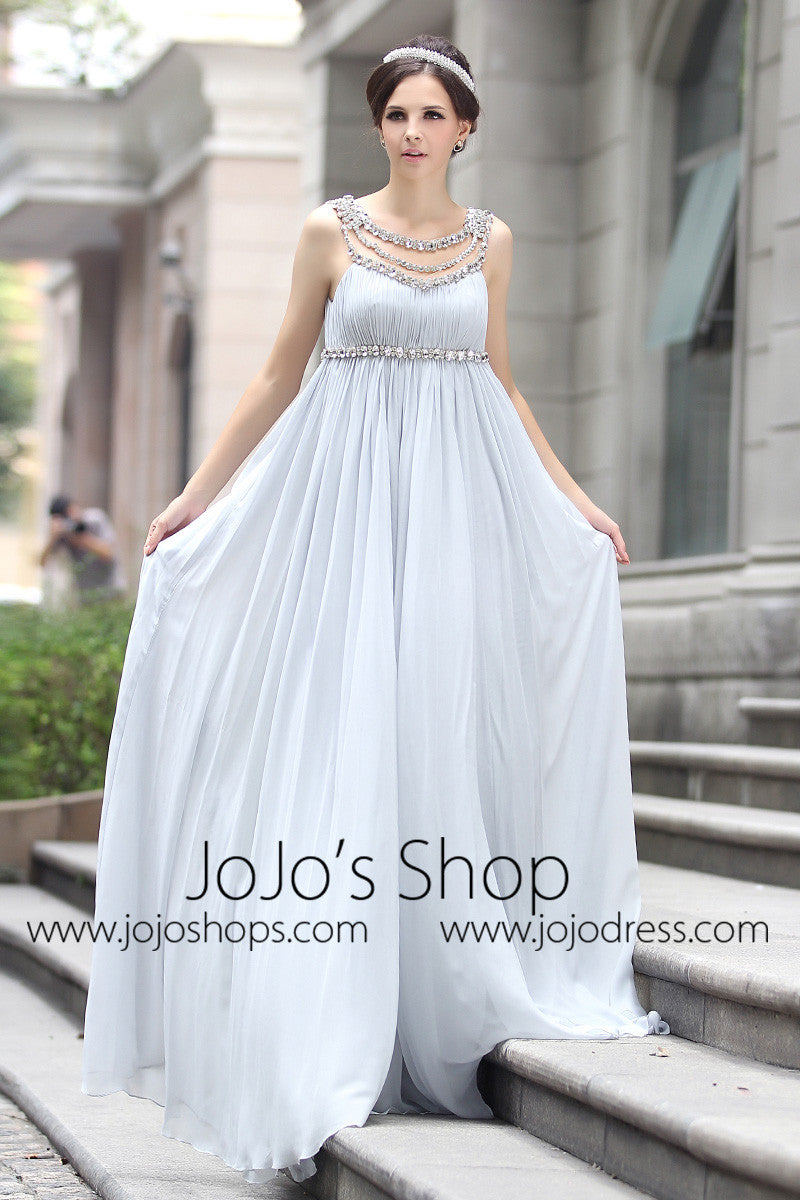 Grecian Goddess Empire Waist Gray Formal Prom Evening Dress