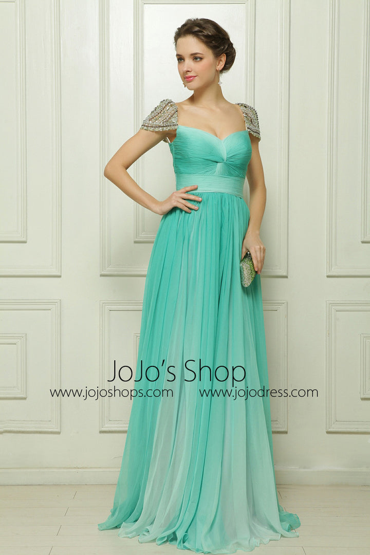 Green High Waist Chiffon Formal Evening Dress with Sparkly Crystal Cap Sleeves