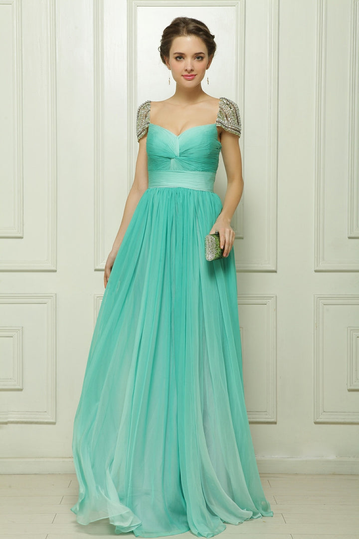Green High Waist Chiffon Formal Evening Dress with Sparkly Crystal Cap Sleeves