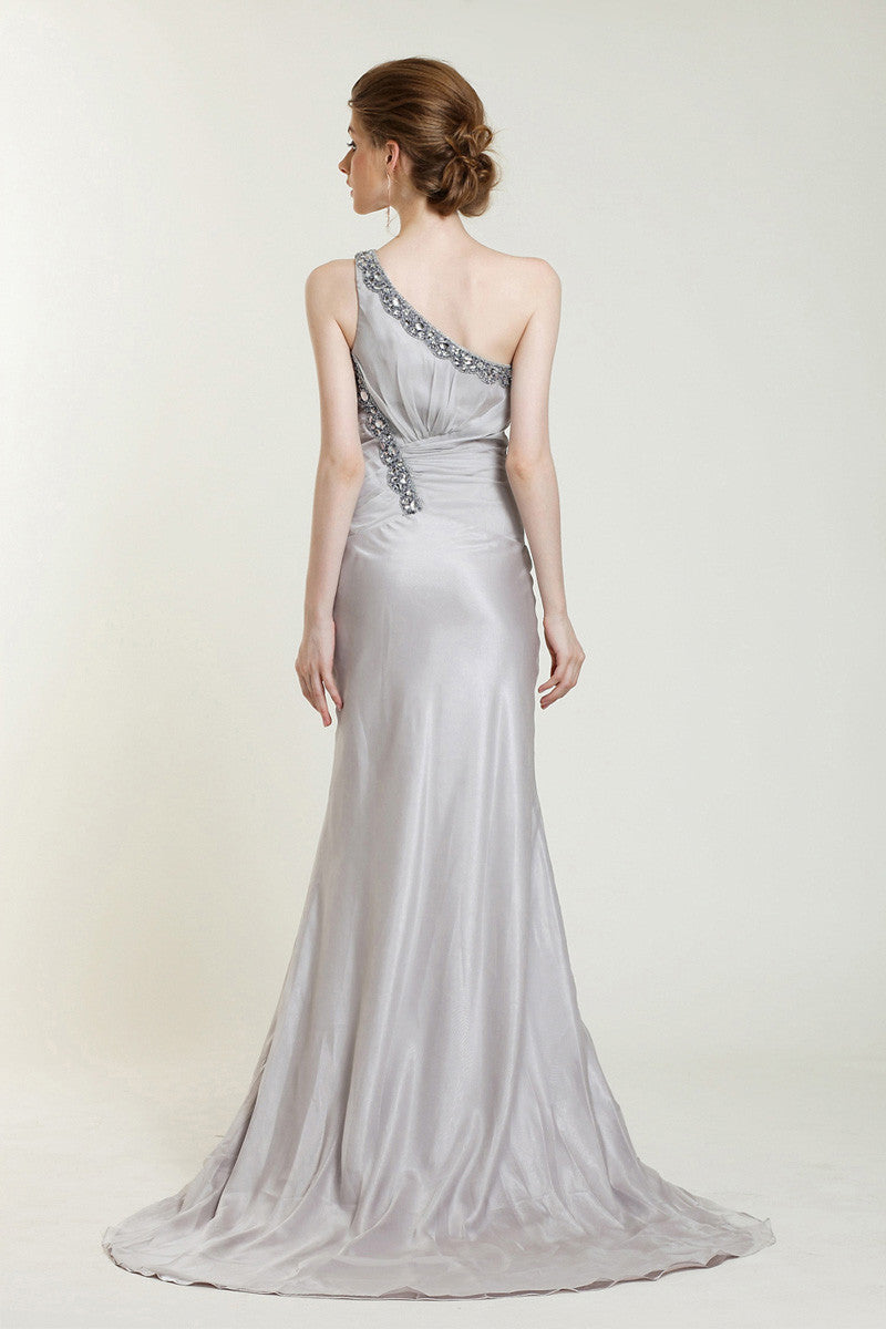 Gray One Shoulder Grecian Prom Formal Evening Dress