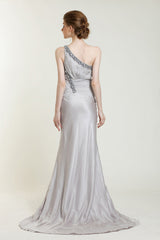 Gray One Shoulder Grecian Prom Formal Evening Dress