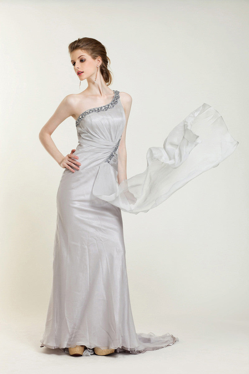 Gray One Shoulder Grecian Prom Formal Evening Dress