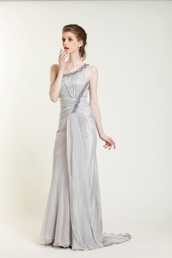 Gray One Shoulder Grecian Prom Formal Evening Dress