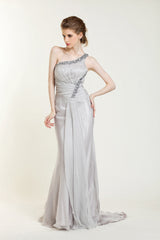 Gray One Shoulder Grecian Prom Formal Evening Dress
