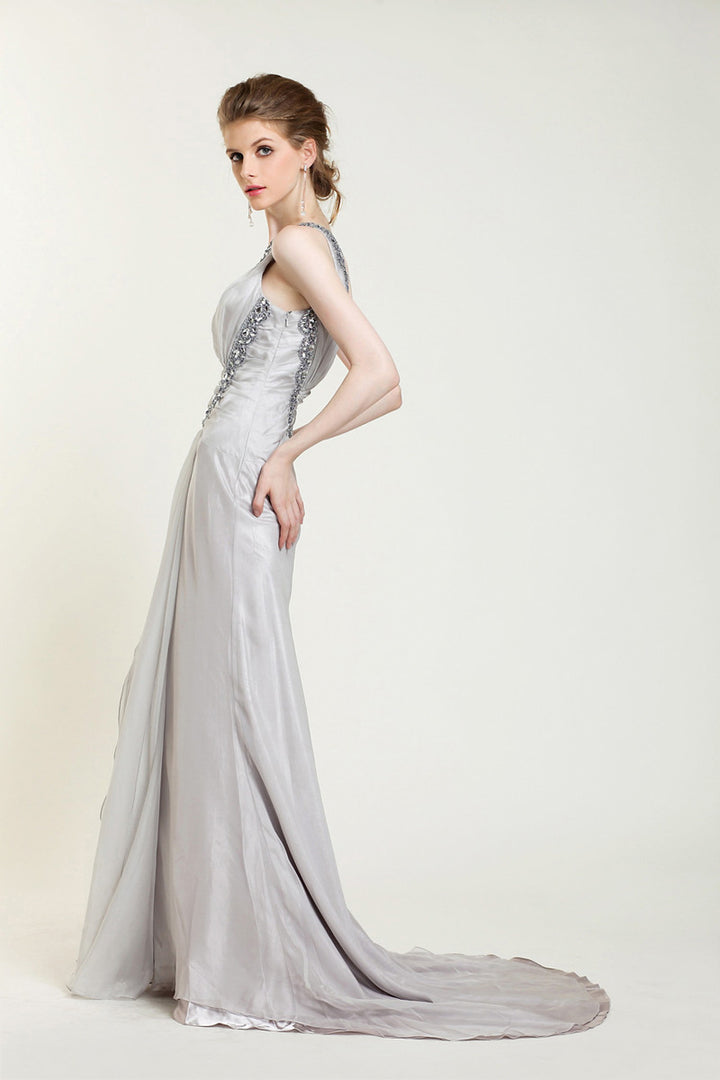 Gray One Shoulder Grecian Prom Formal Evening Dress