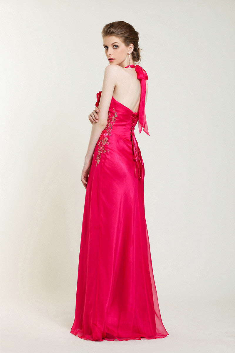 Fuschia Pink V Neck Halter Formal Prom Evening Dress