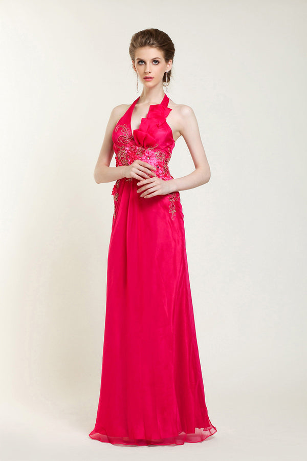 Fuschia Pink V Neck Halter Formal Prom Evening Dress