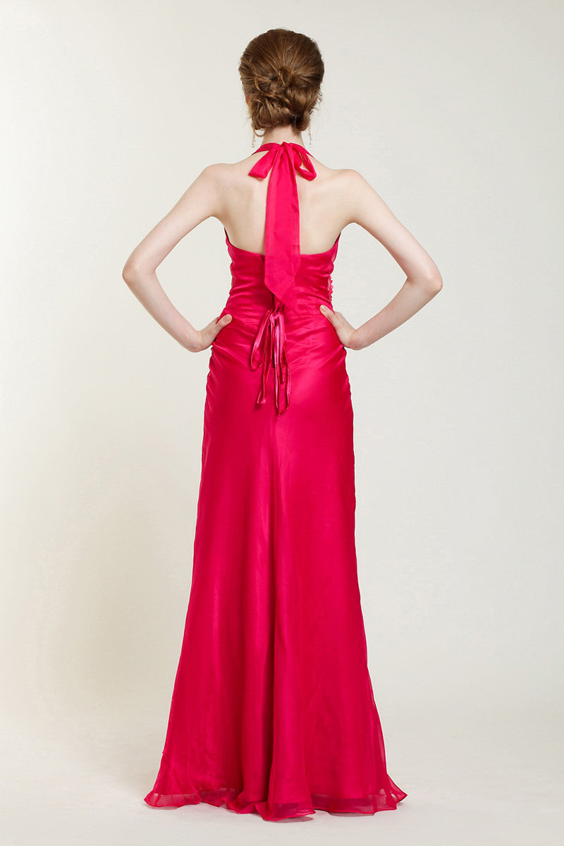 Fuschia Pink V Neck Halter Formal Prom Evening Dress