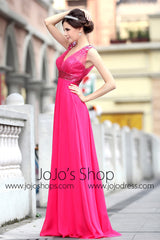 Fuchsia Pink Grecian V Neck Beauty Pageant Formal Evening Dress