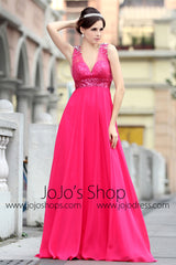 Fuchsia Pink Grecian V Neck Beauty Pageant Formal Evening Dress