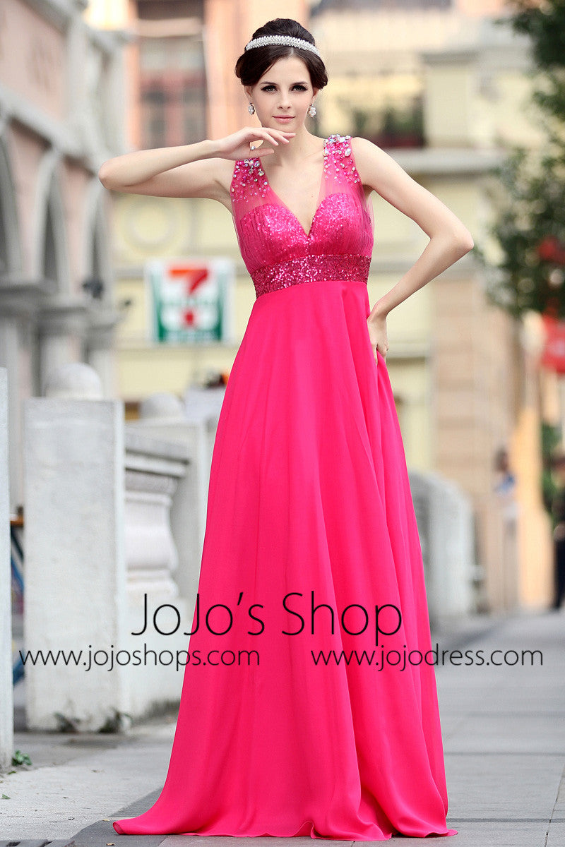 Fuchsia Pink Grecian V Neck Beauty Pageant Formal Evening Dress