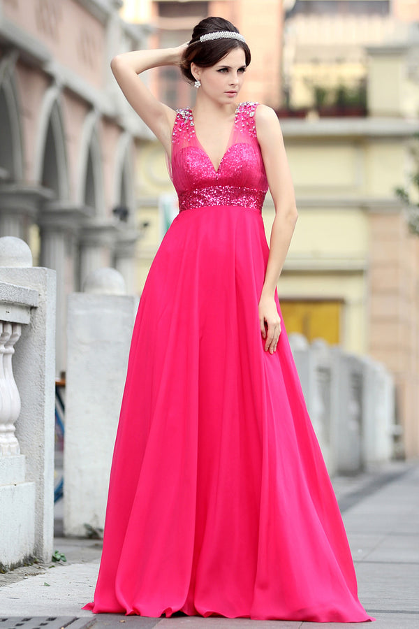 Fuchsia Pink Grecian V Neck Beauty Pageant Formal Evening Dress