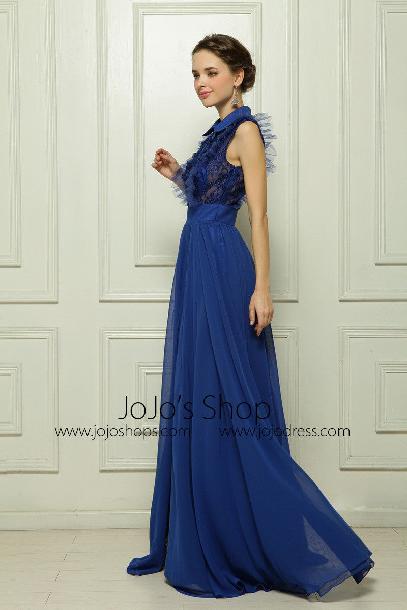 Blue Sleeveless Formal Evening Dress with Side Slit and Collar