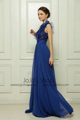 Blue Sleeveless Formal Evening Dress with Side Slit and Collar