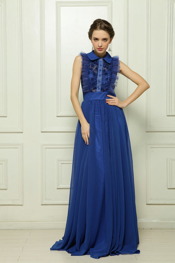 Blue Sleeveless Formal Evening Dress with Side Slit and Collar