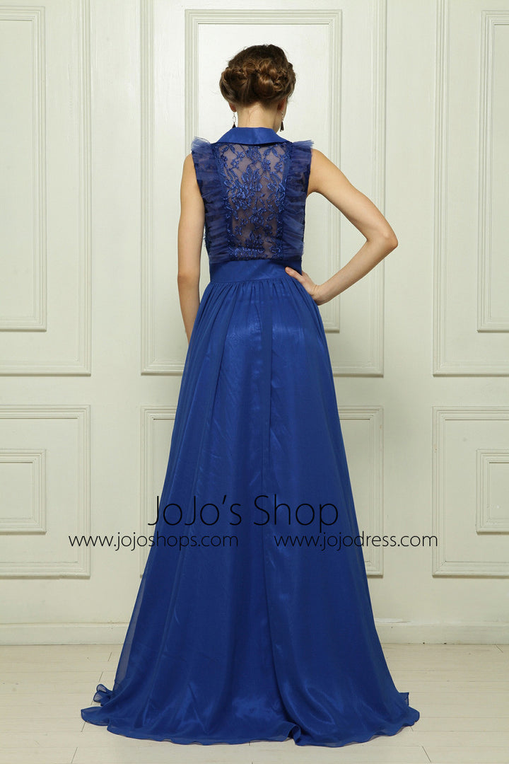 Blue Sleeveless Formal Evening Dress with Side Slit and Collar